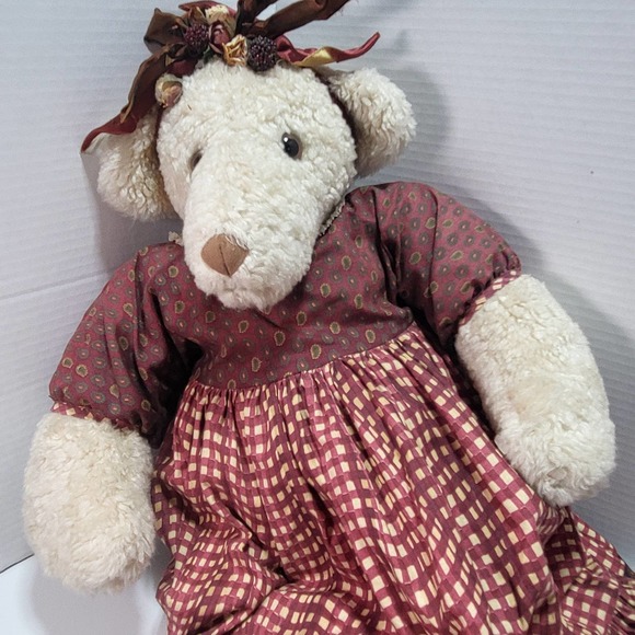 Fuzzy Dog Large Cream Colored Stuffed Plush Red Checkered Plaid Dress with Bows - Picture 3 of 9